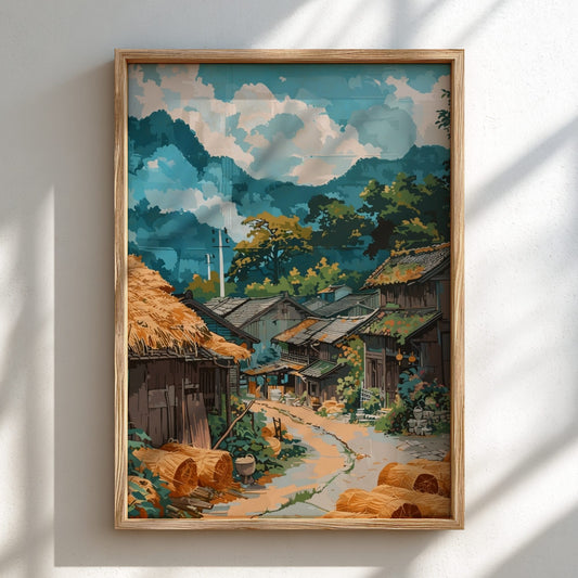 Framed artwork of a village scene with traditional houses and trees.