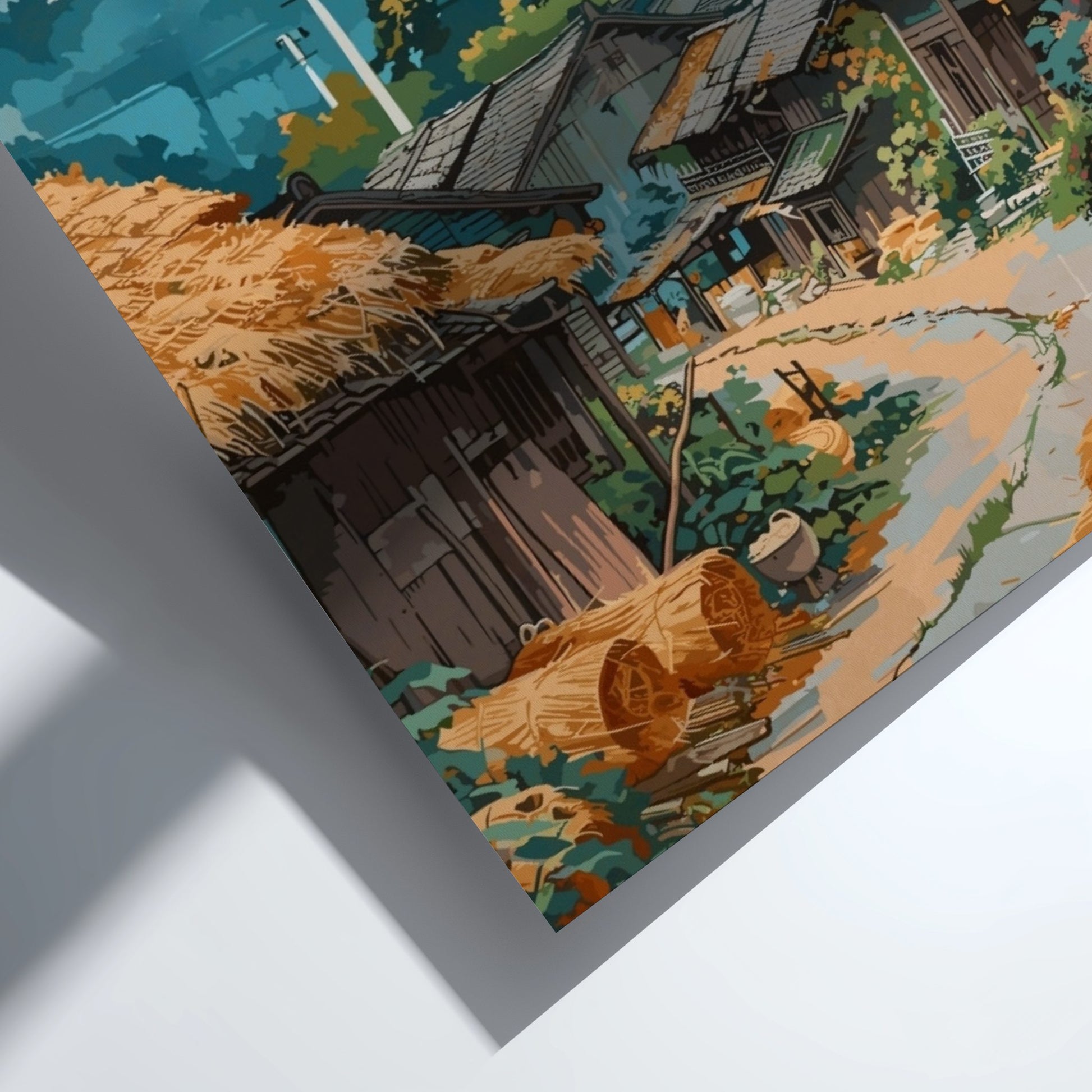 Vintage-style illustration of a village scene with houses and harvested crops.