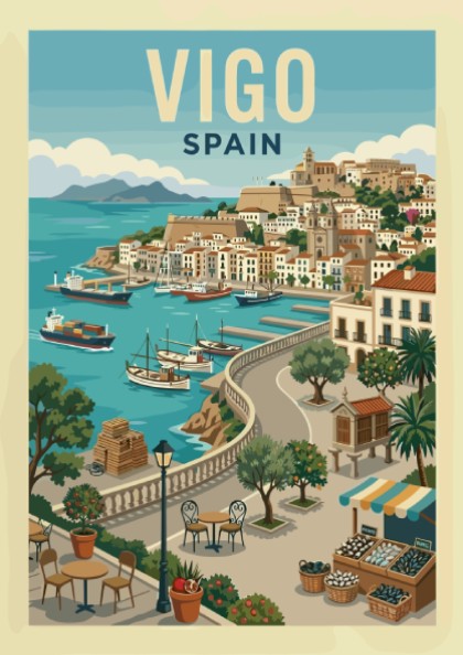 Vigo Spain travel poster featuring a colorful illustration of a coastal harbor with boats and town.