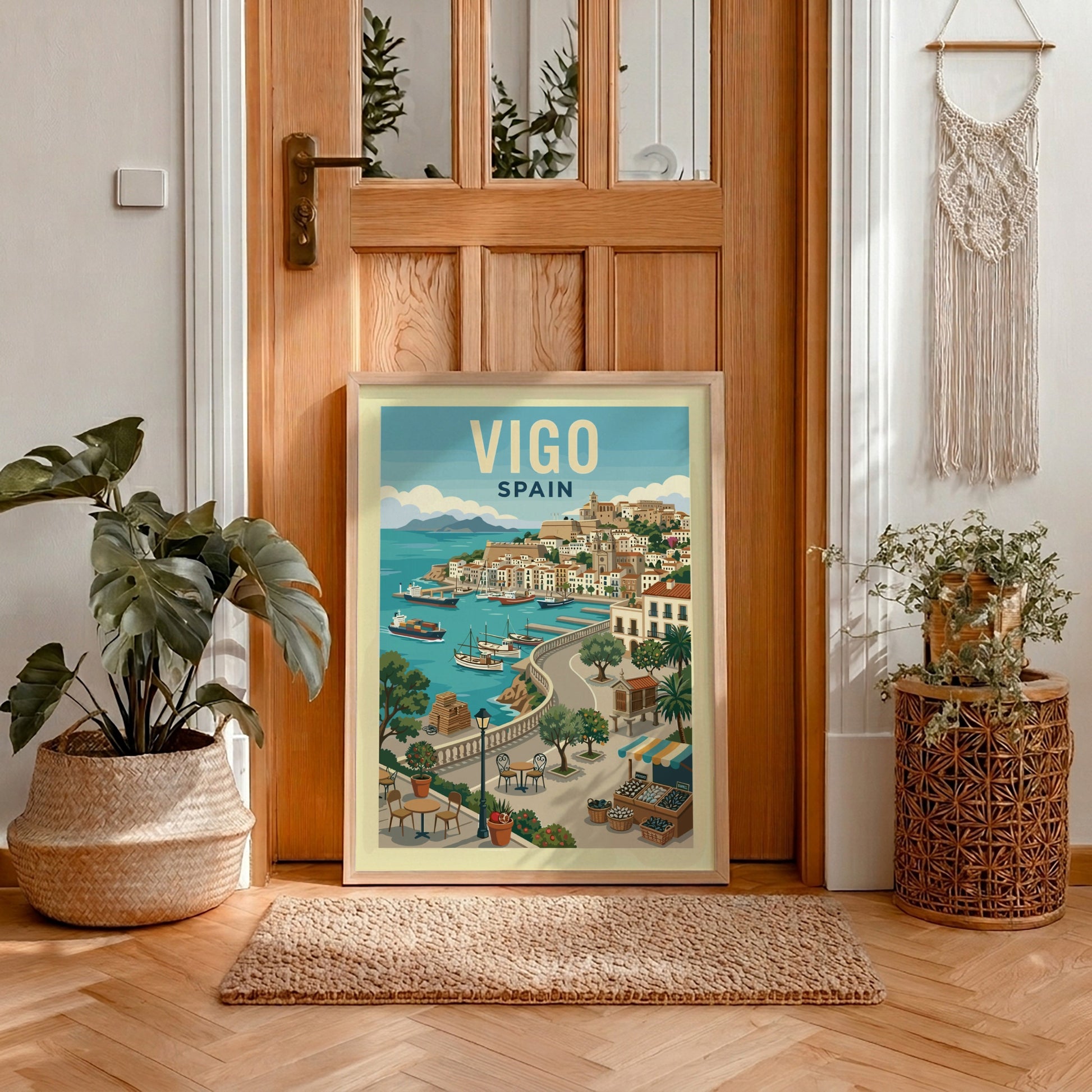 Vigo Spain travel poster featuring a colorful illustration of a coastal harbor with boats and town.