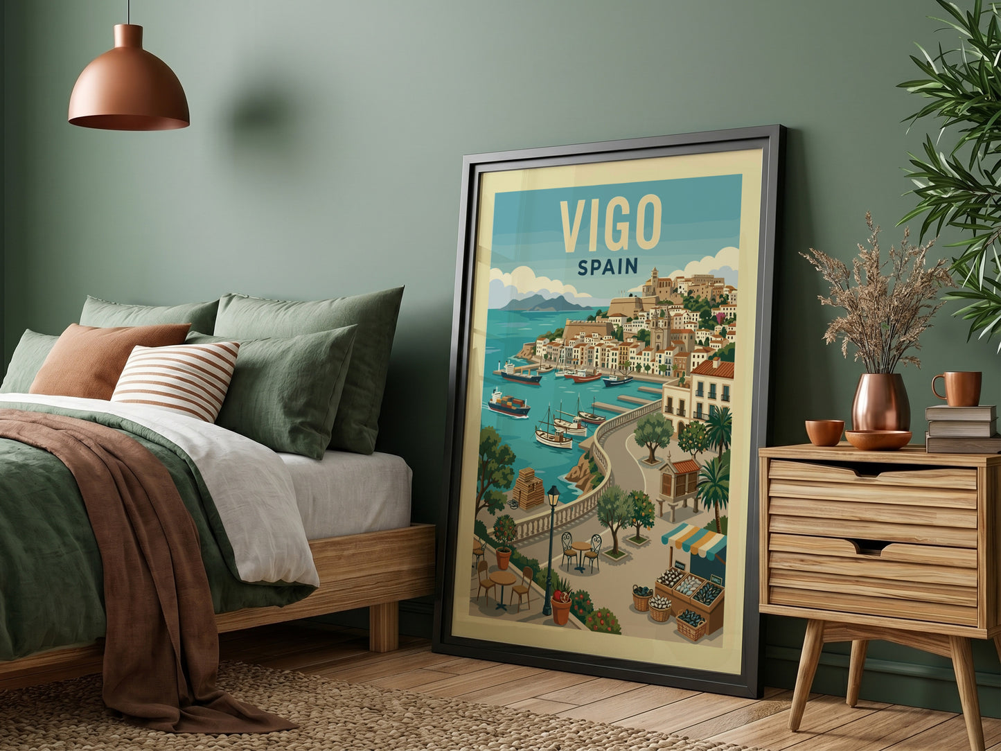 Vigo Spain travel poster featuring a colorful illustration of a coastal harbor with boats and town.
