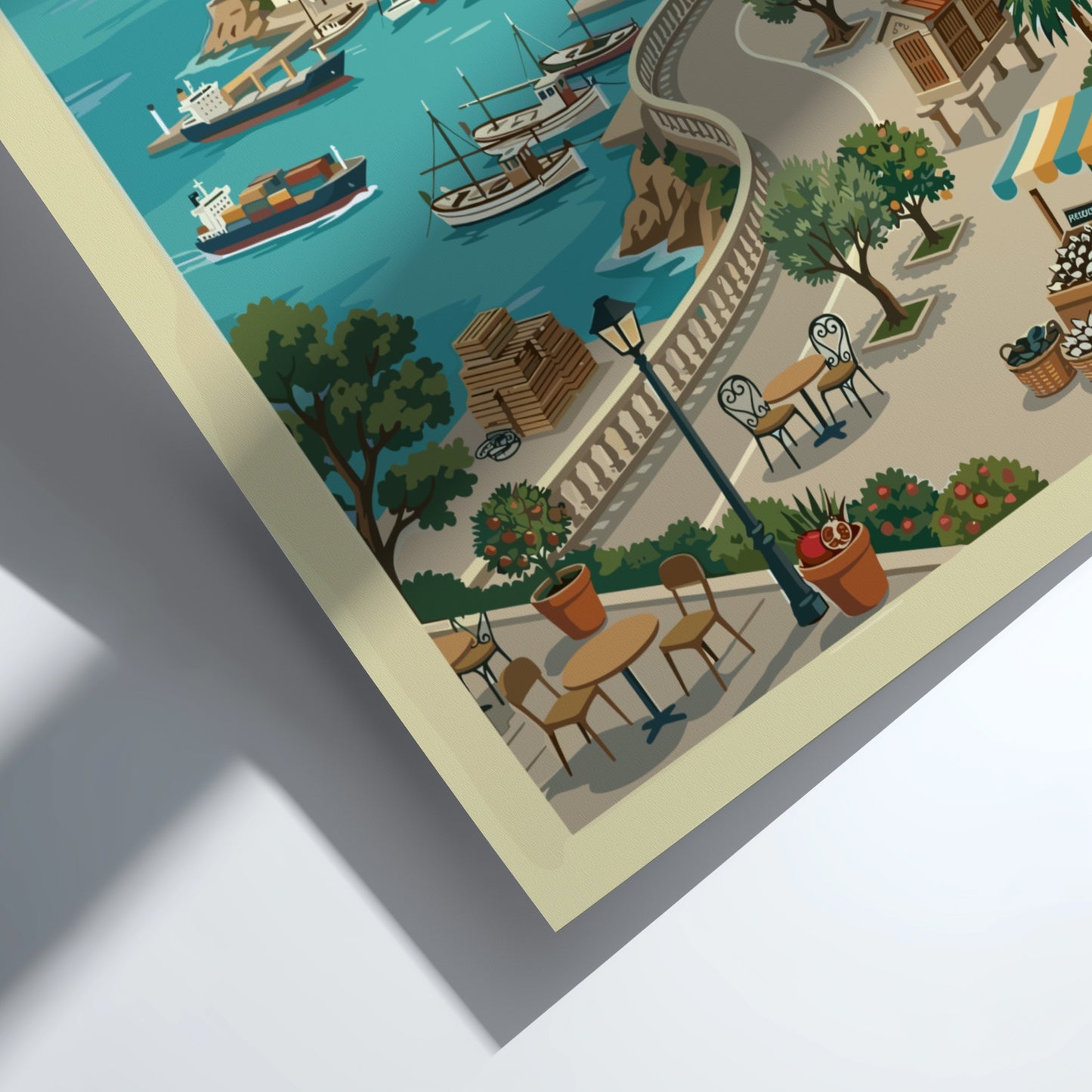 Vigo Spain travel poster featuring a colorful illustration of a coastal harbor with boats and town.
