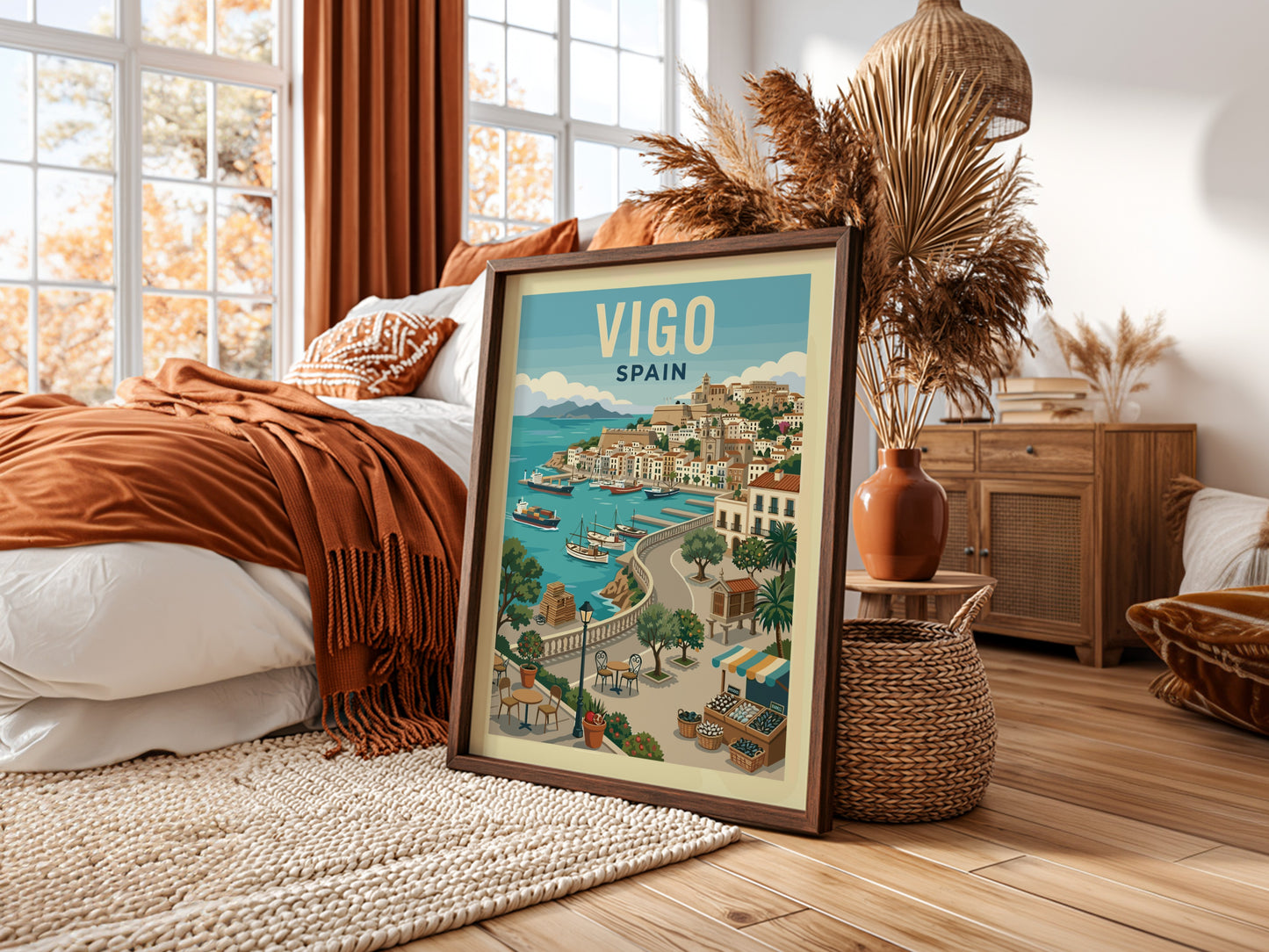 Vigo Spain travel poster featuring a colorful illustration of a coastal harbor with boats and town.