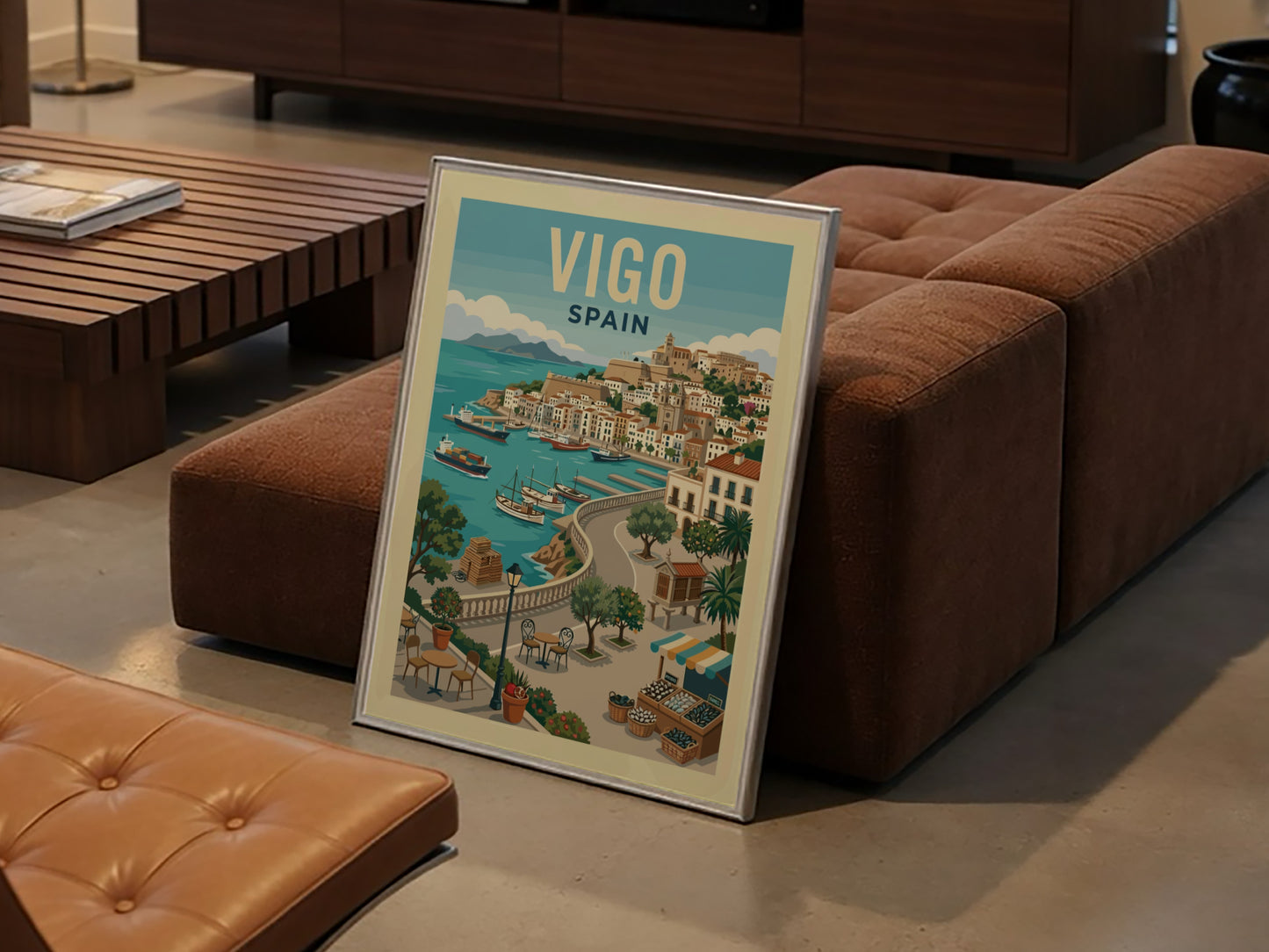 Vigo Spain travel poster featuring a colorful illustration of a coastal harbor with boats and town.
