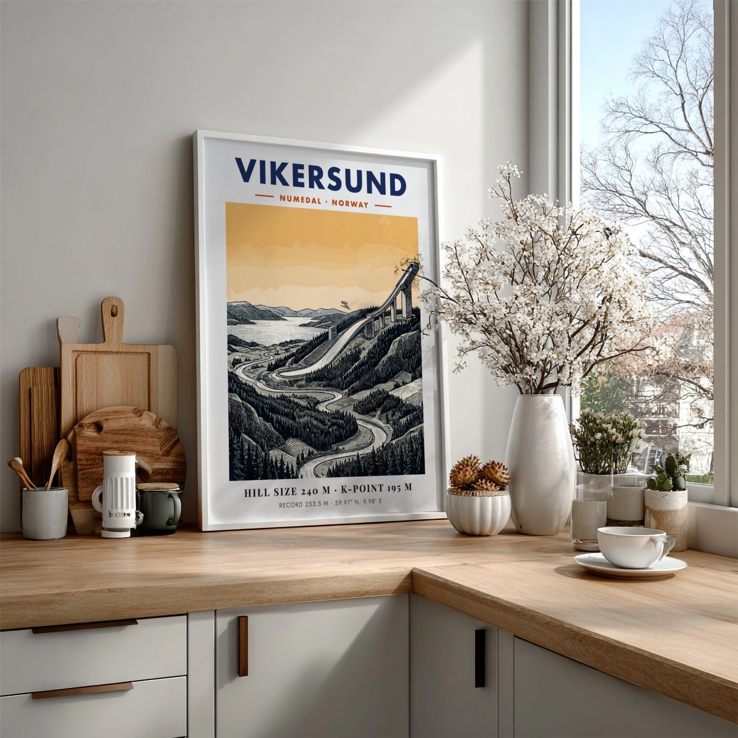 Poster featuring the Vikersund ski jump in Norway with a forest landscape background.