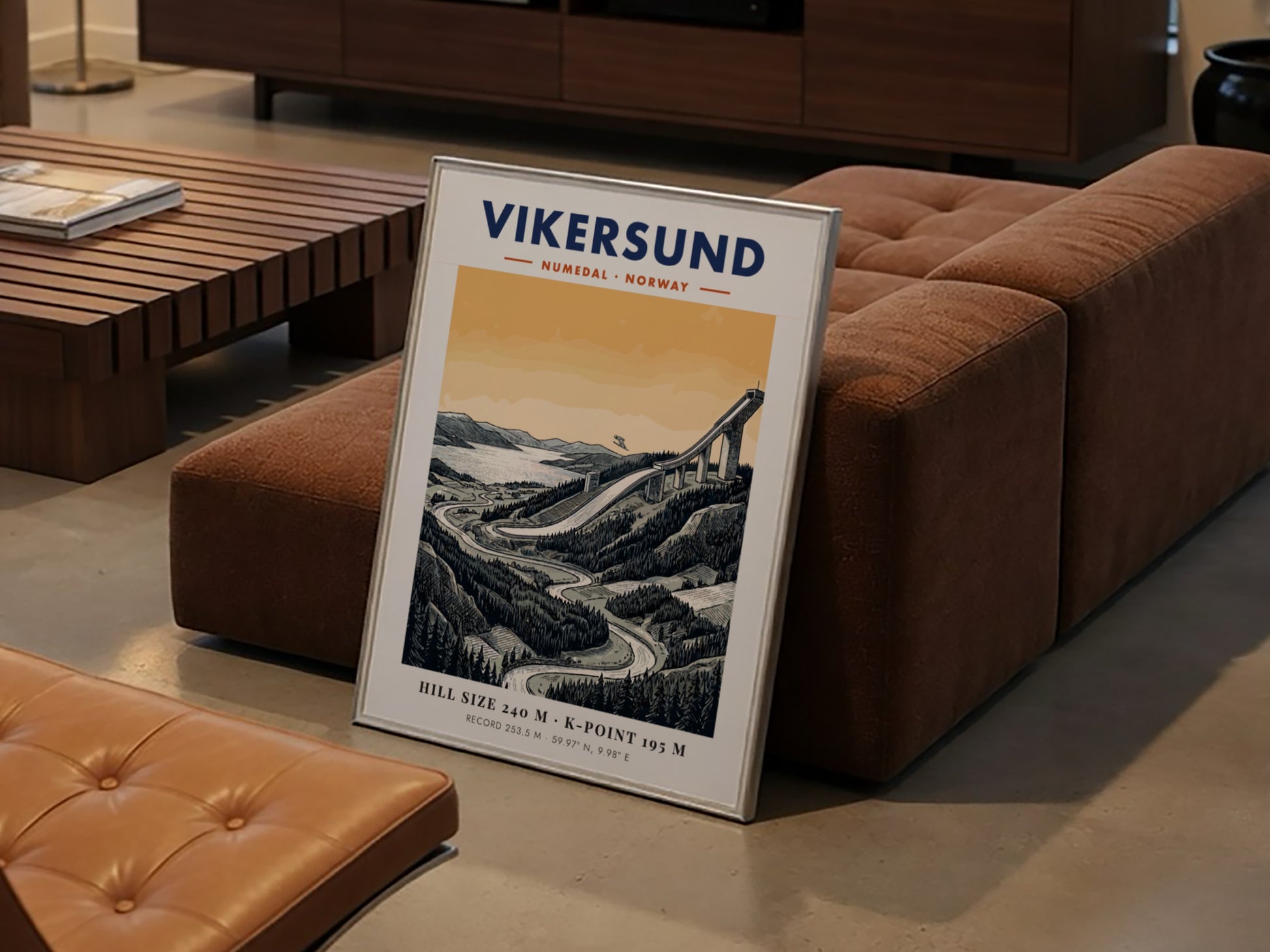 Poster of the Vikersund ski jump in Norway with a forest and lake background.