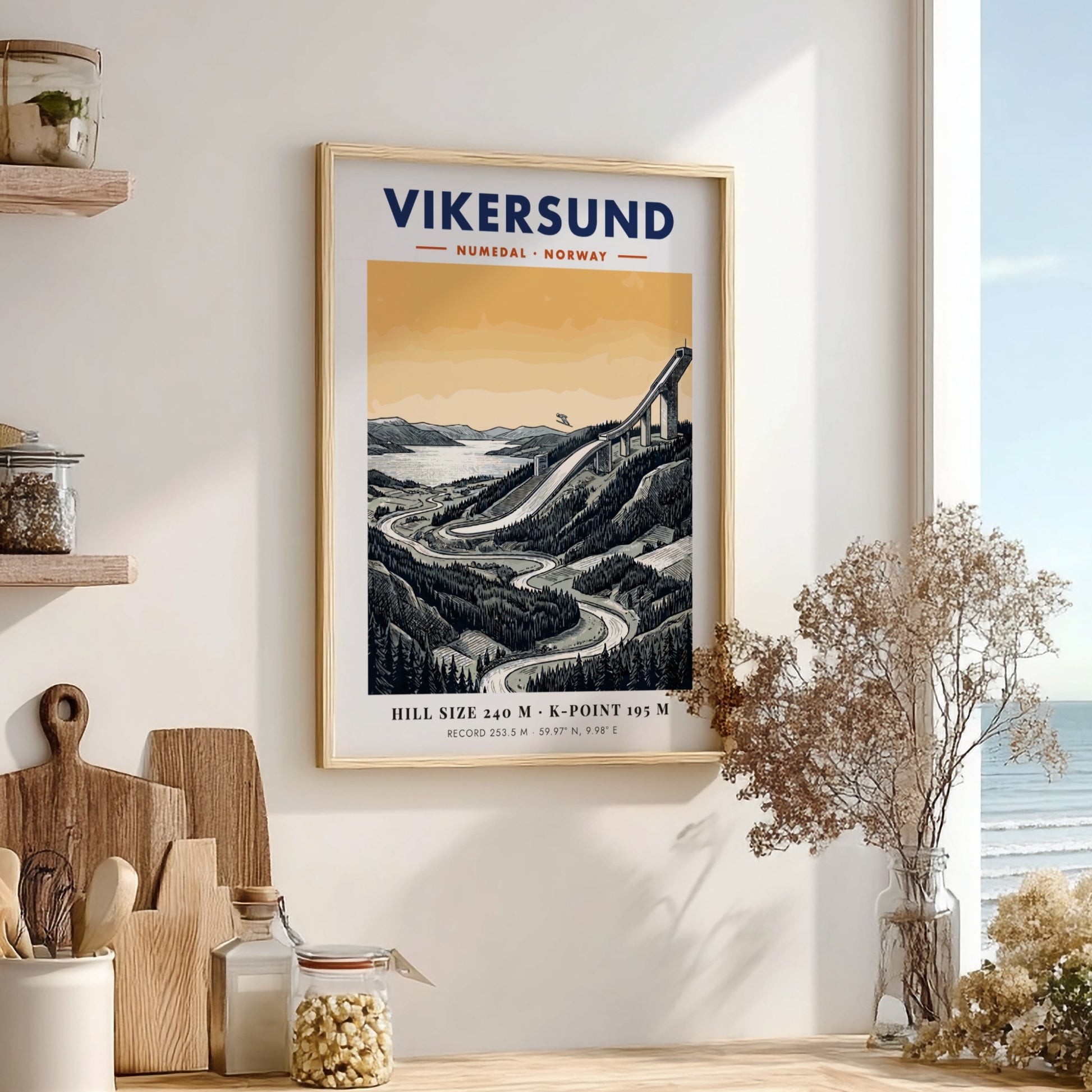 Poster of the Vikersund ski jump in Norway with a forest and lake background.