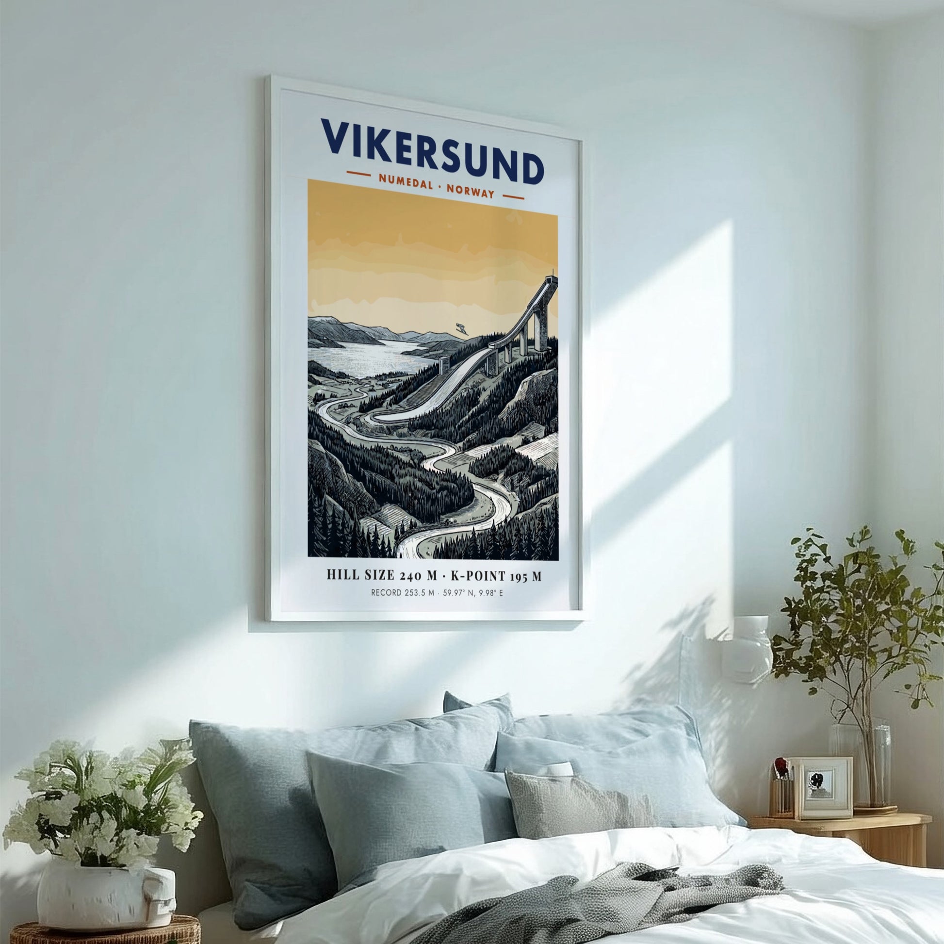 Poster of the Vikersund ski jump in Norway with a forest and lake background.