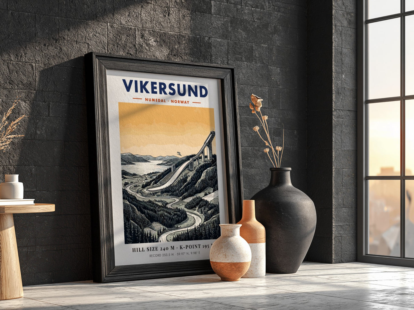 Poster of the Vikersund ski jump in Norway with a forest and lake background.