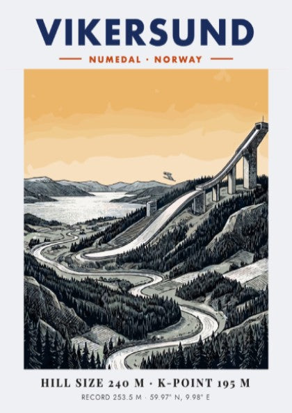 Poster of the Vikersund ski jump in Norway with a forest and lake background.