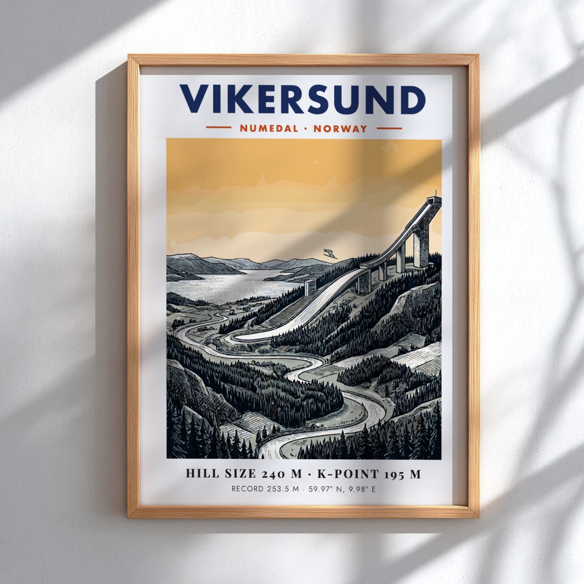 Poster of the Vikersund ski jump in Norway with a forest and lake background.