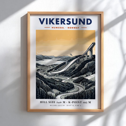 Poster of the Vikersund ski jump in Norway with a forest and lake background.