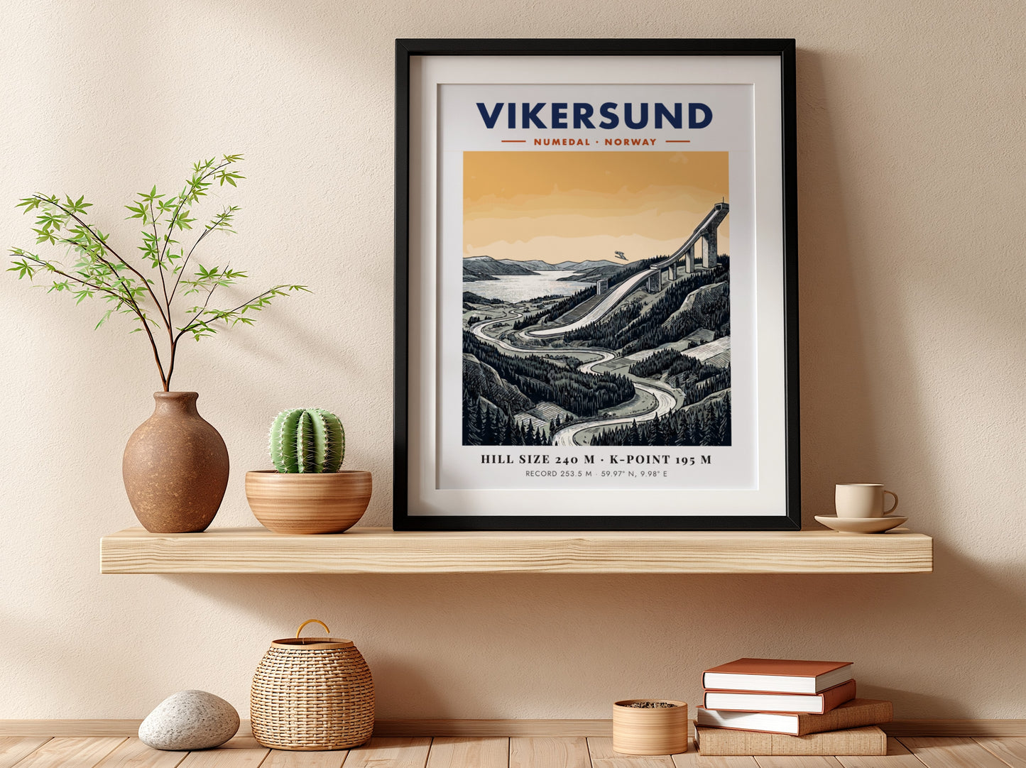Poster featuring the Vikersund ski jump in Norway with a forest landscape background.