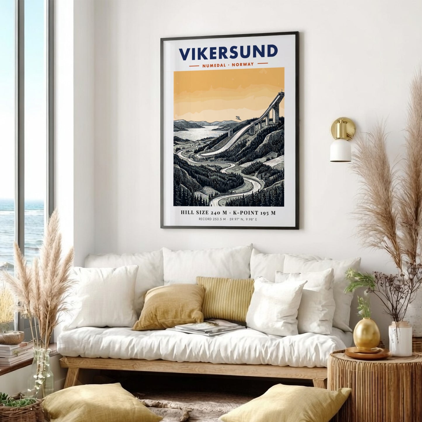 Poster of the Vikersund ski jump in Norway with a forest and lake background.