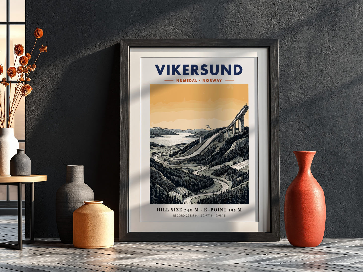 Poster featuring the Vikersund ski jump in Norway with a forest landscape background.
