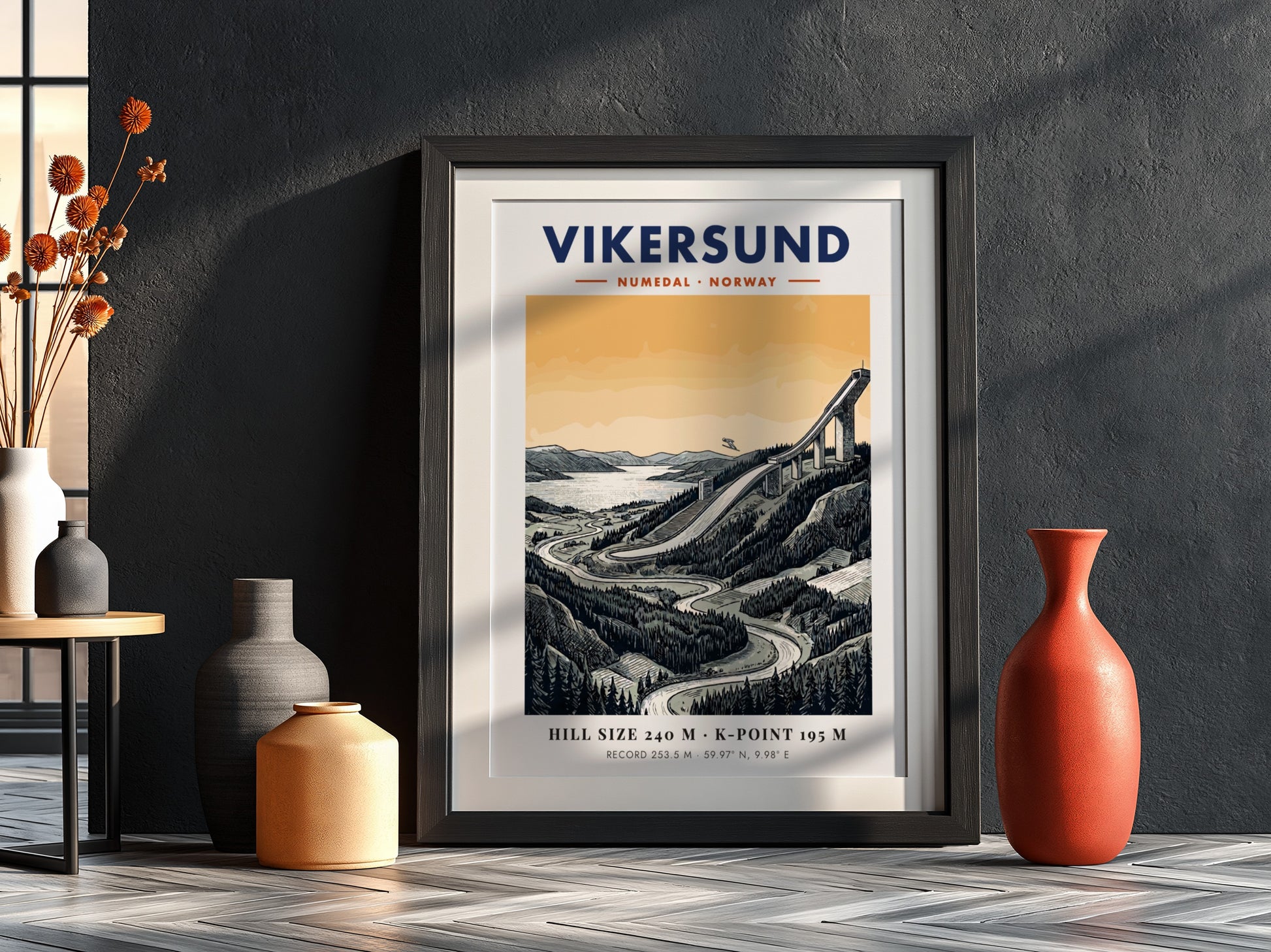 Poster featuring the Vikersund ski jump in Norway with a forest landscape background.
