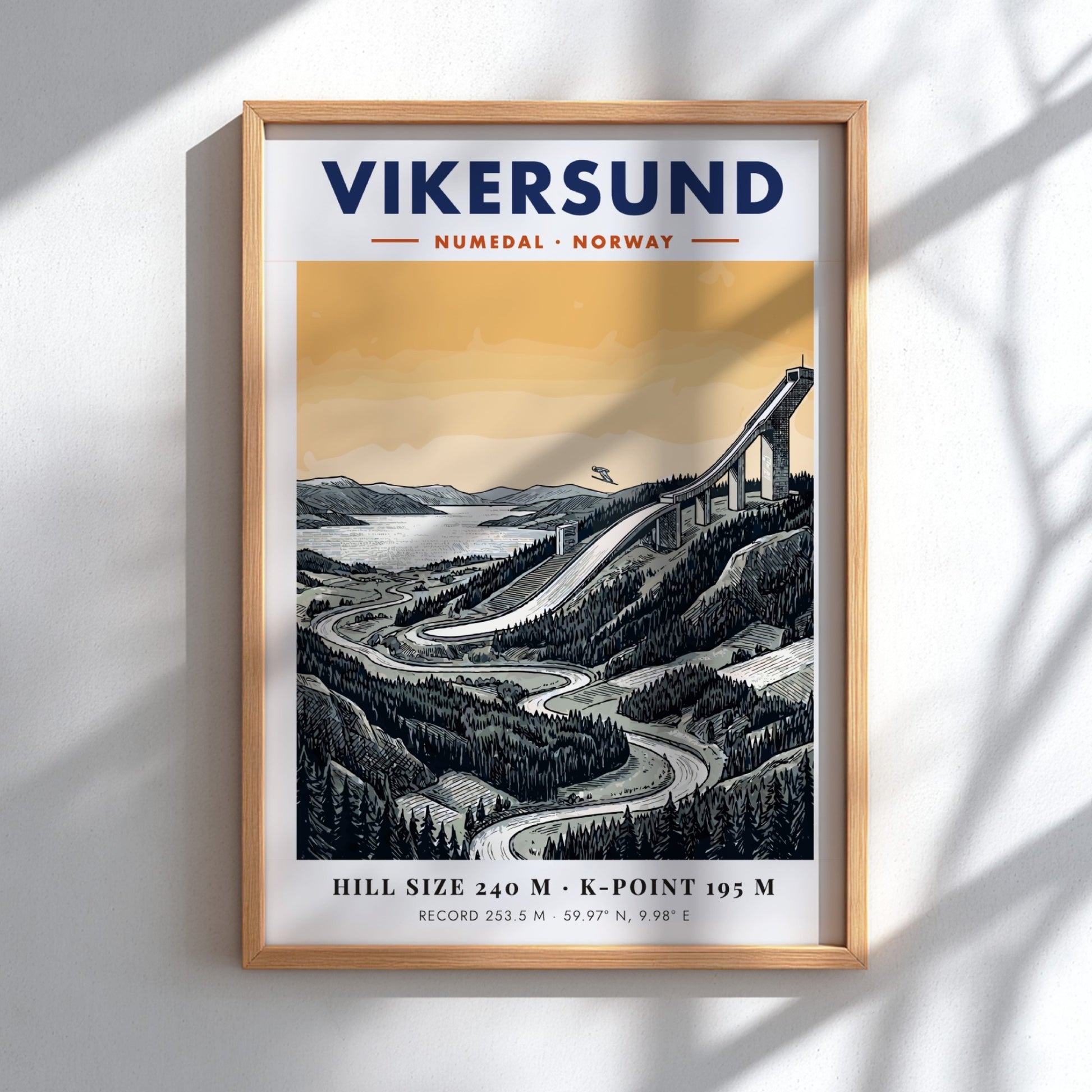 Poster featuring the Vikersund ski jump in Norway with a forest landscape background.