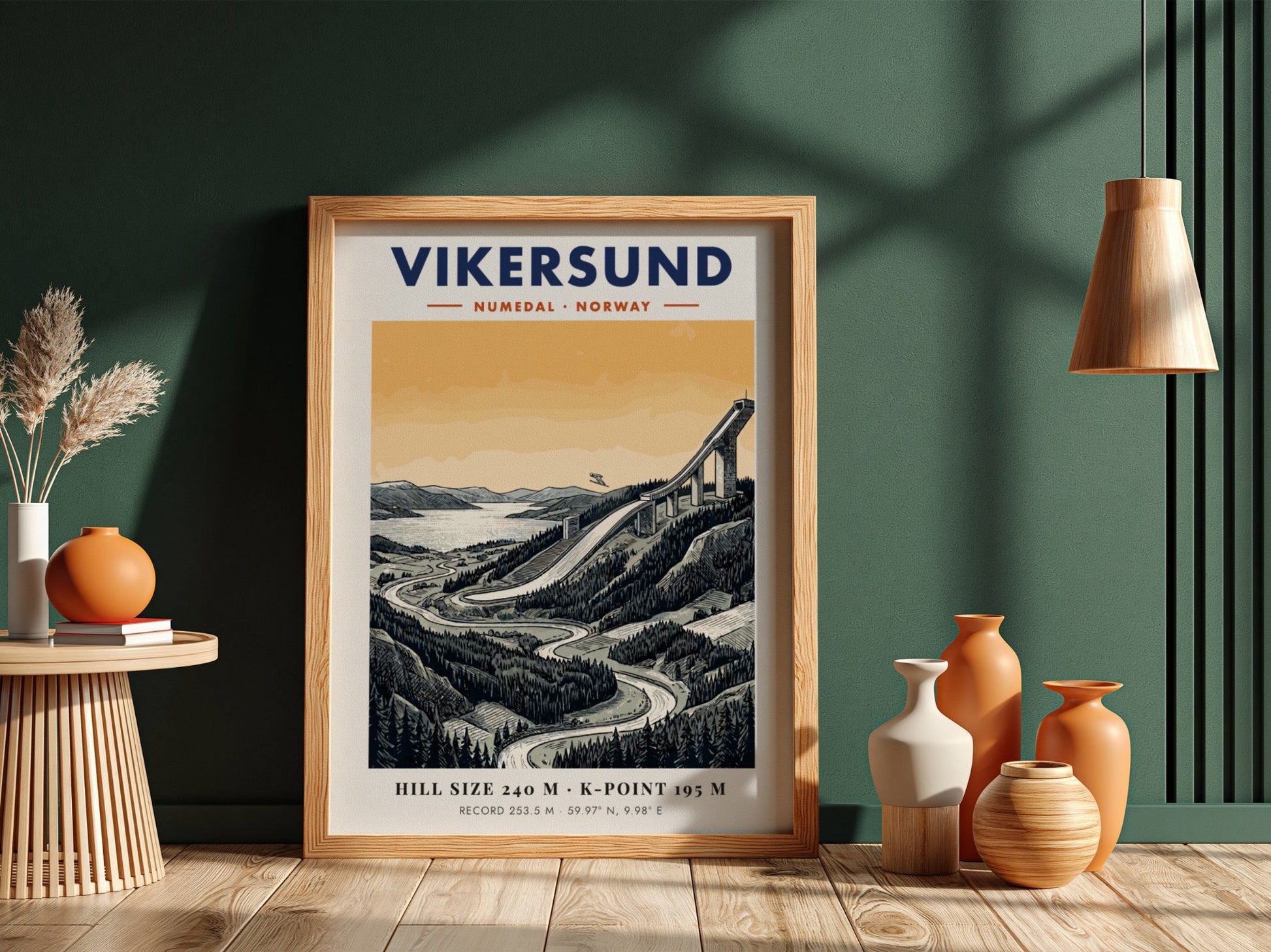 Poster featuring the Vikersund ski jump in Norway with a forest landscape background.