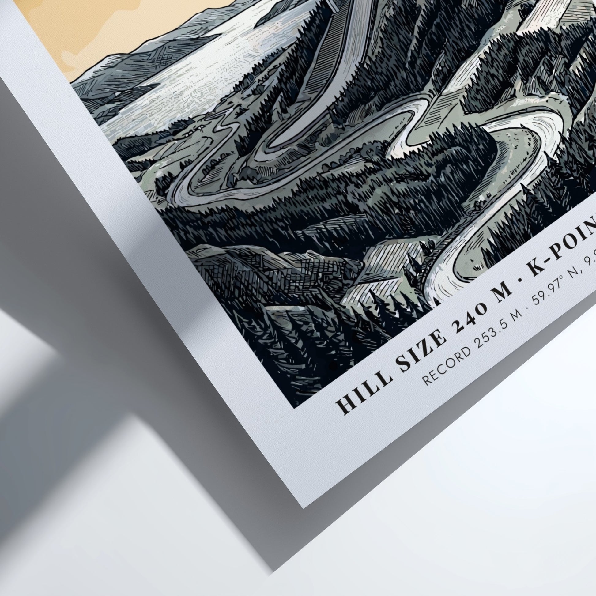 Poster featuring the Vikersund ski jump in Norway with a forest landscape background.