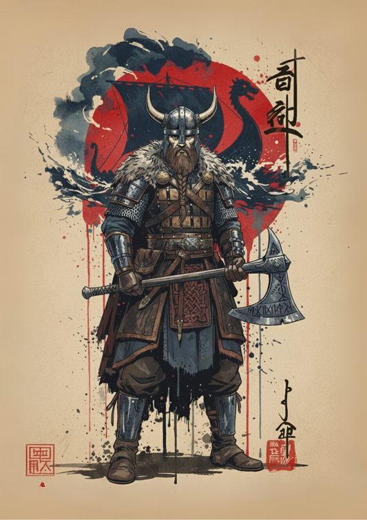 Illustration of a warrior with armor and an axe on a beige background