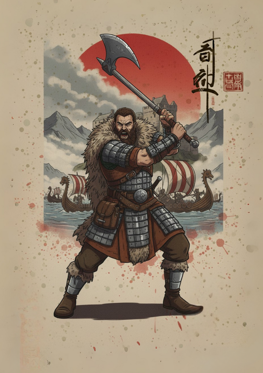 Illustration of a warrior holding an axe with a Viking ship and mountain landscape in the background.