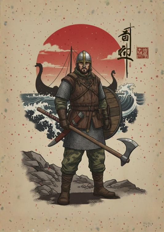 Viking warrior with shield and axe against a sunset and wave background