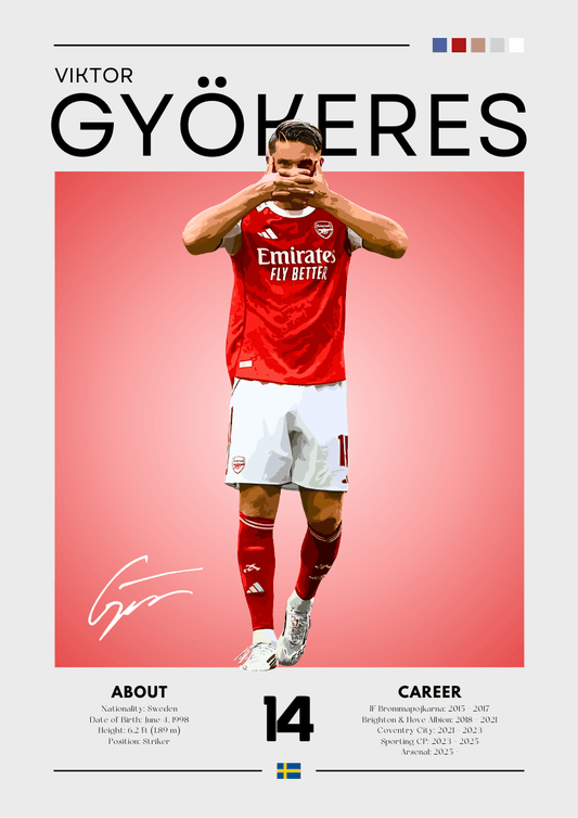 Soccer player in Arsenal uniform with red and white design on a pink background