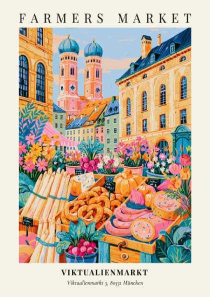 Viktualienmarkt poster featuring vibrant colors and market scenes, perfect for home decor.