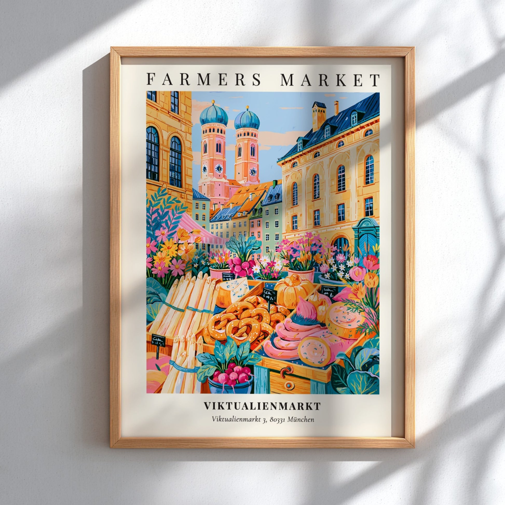Viktualienmarkt poster featuring vibrant colors and market scenes, perfect for home decor.