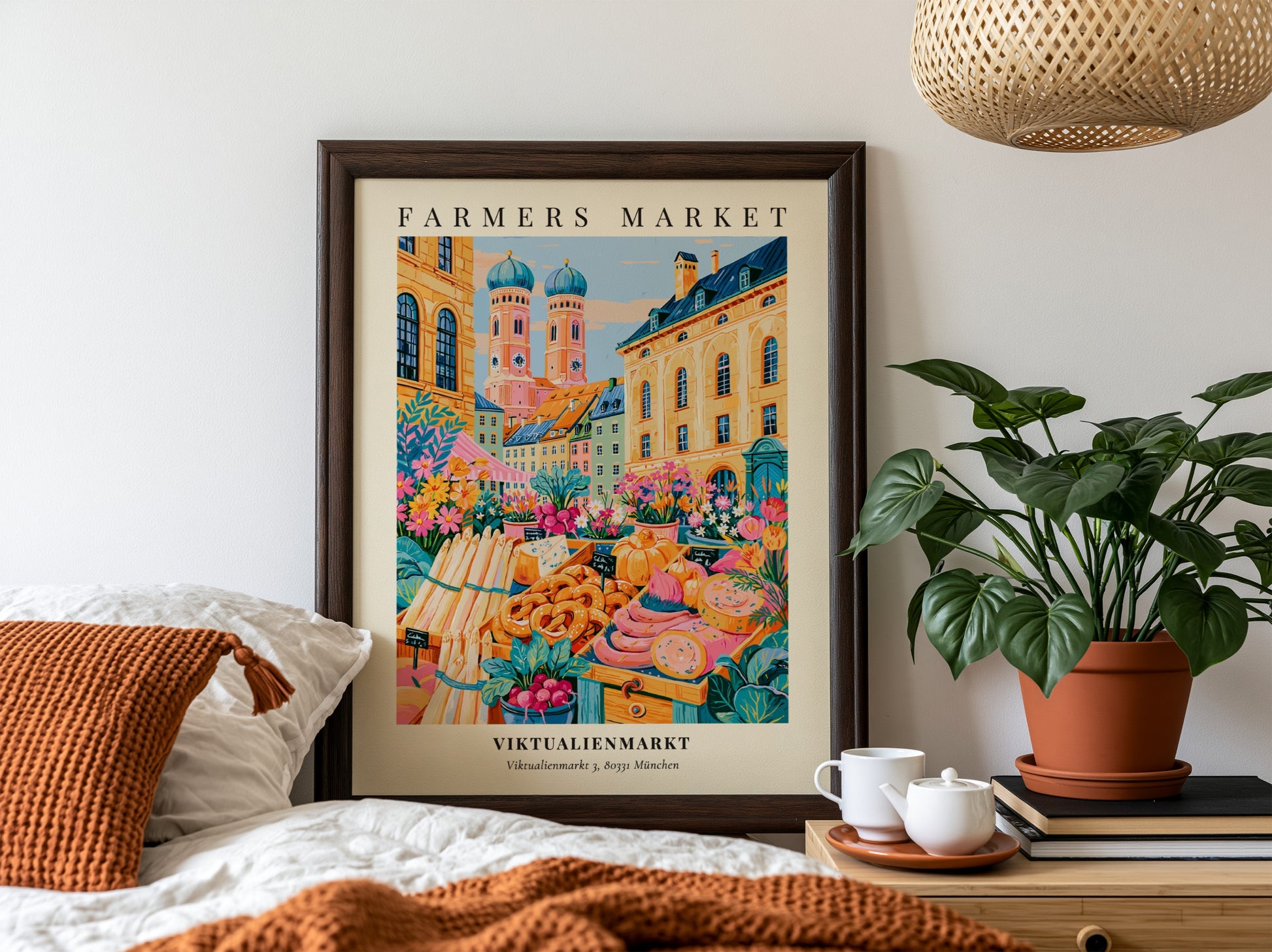 Viktualienmarkt poster featuring vibrant colors and market scenes, perfect for home decor.