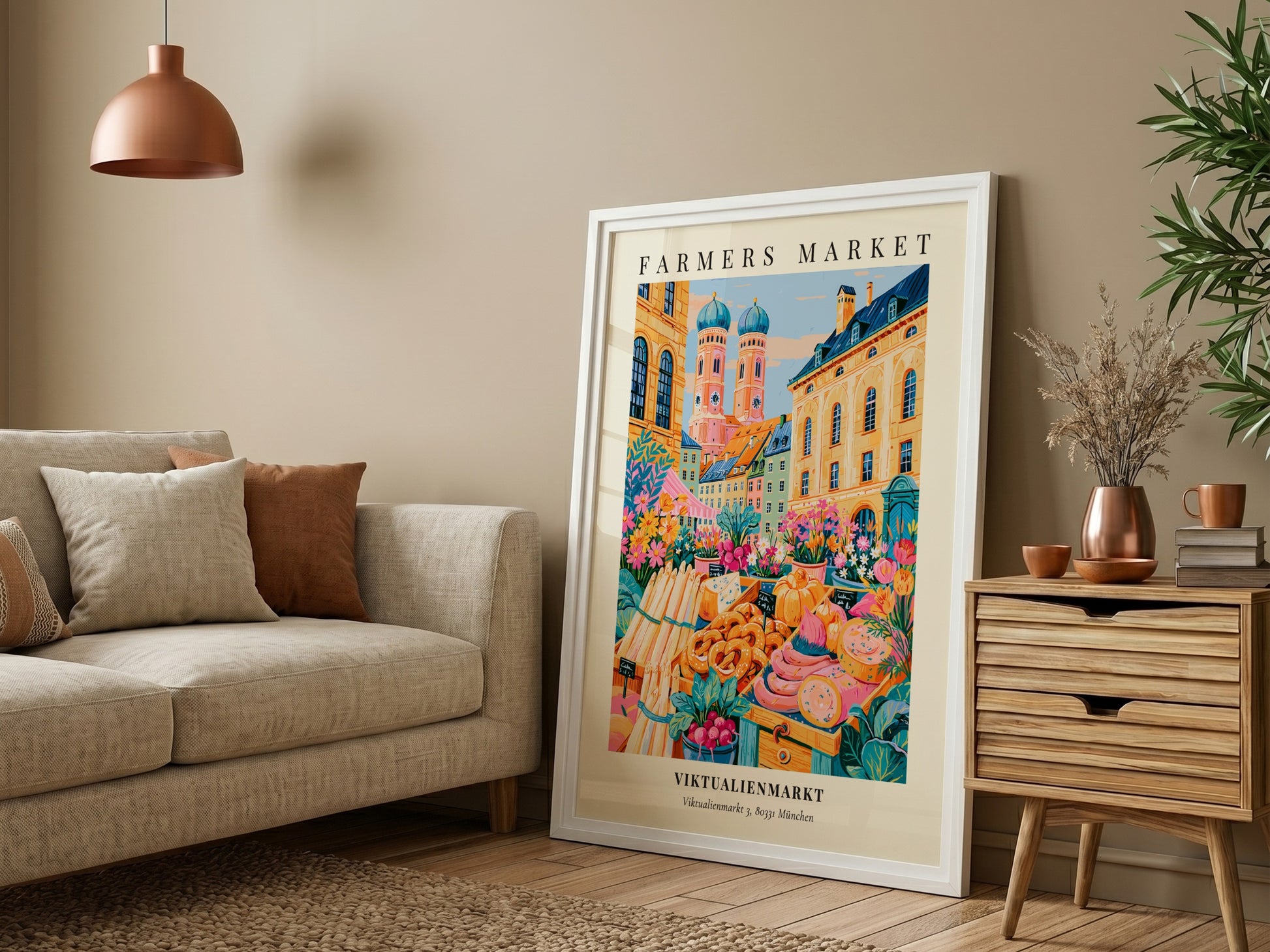 Viktualienmarkt poster featuring vibrant colors and market scenes, perfect for home decor.