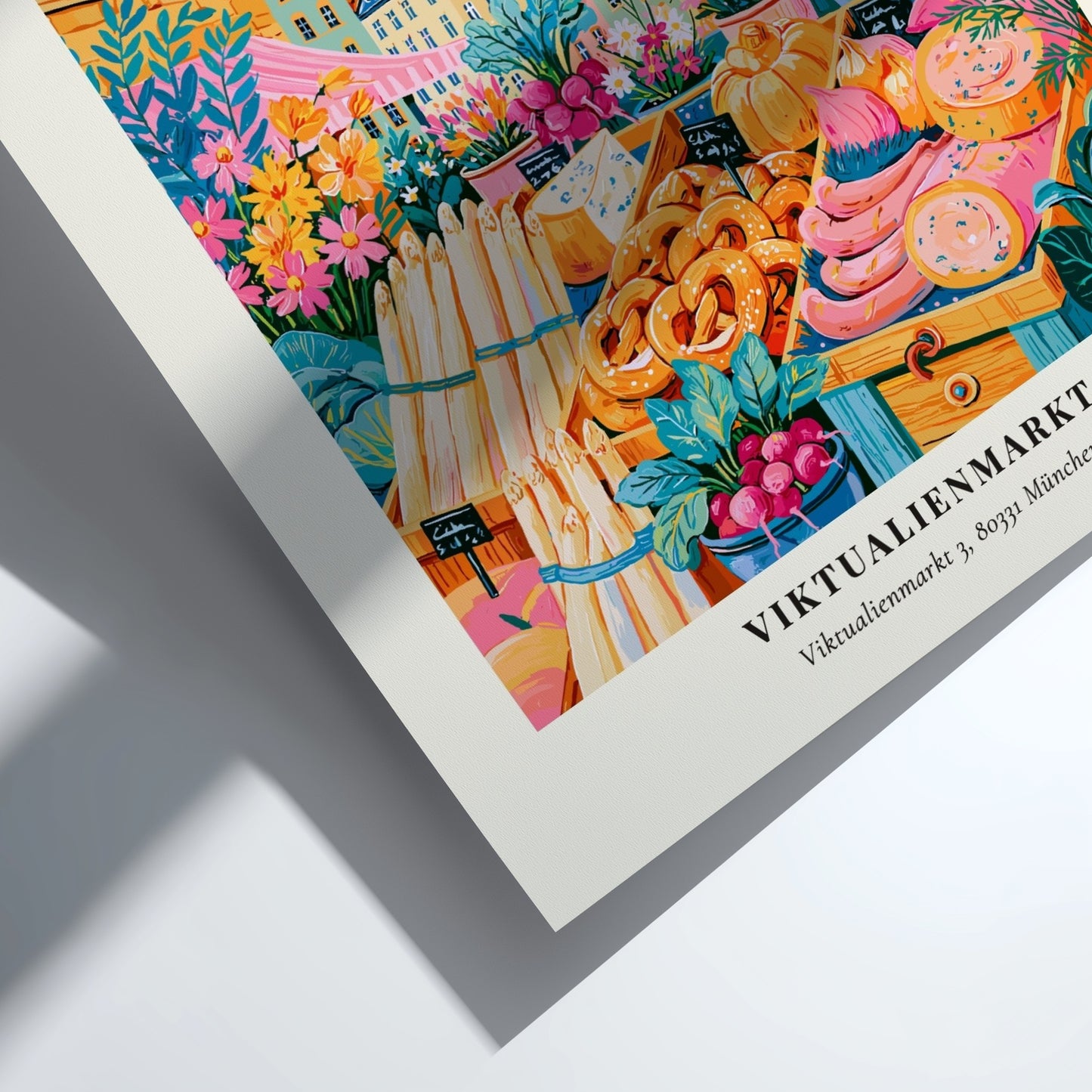 Viktualienmarkt poster featuring vibrant colors and market scenes, perfect for home decor.