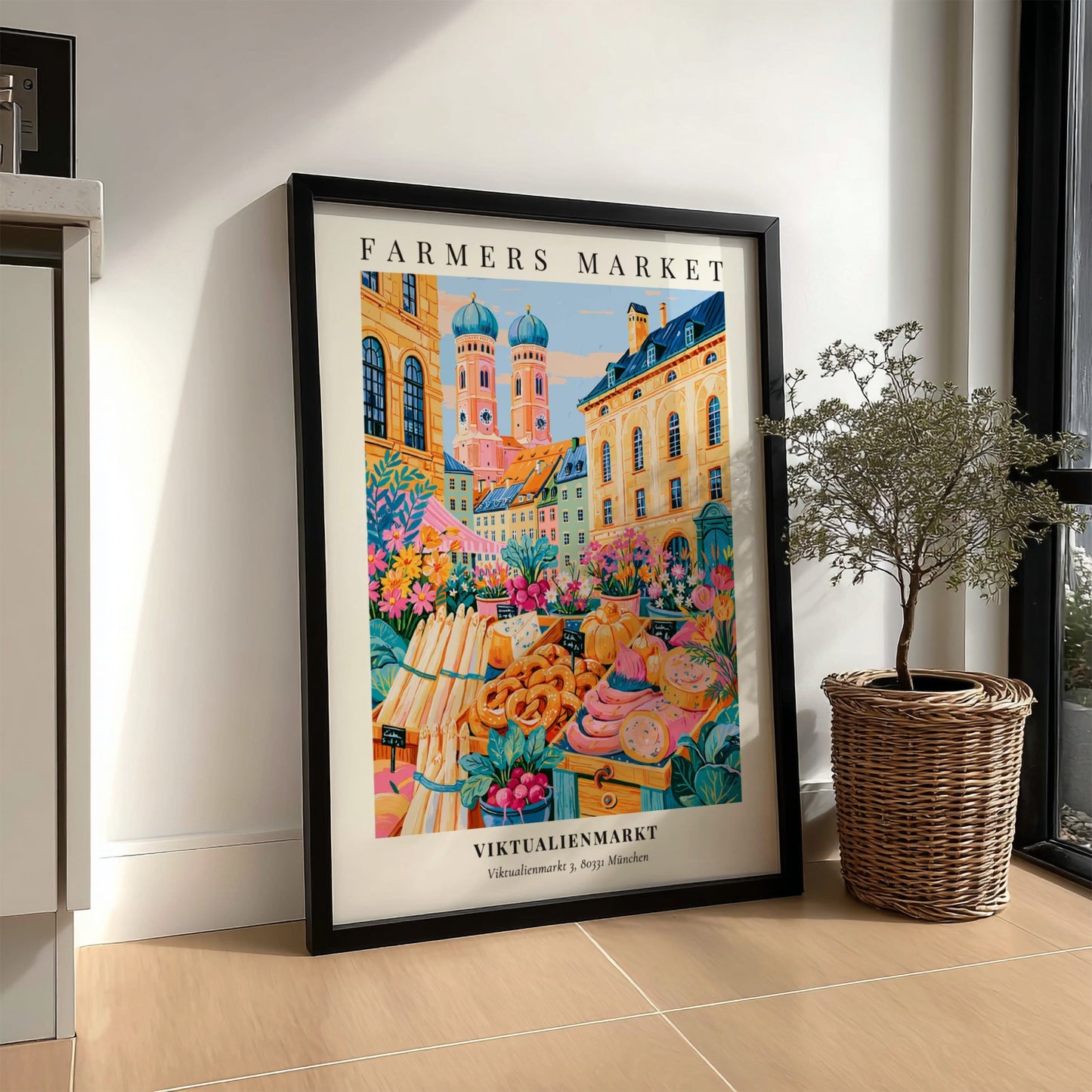 Viktualienmarkt poster featuring vibrant colors and market scenes, perfect for home decor.