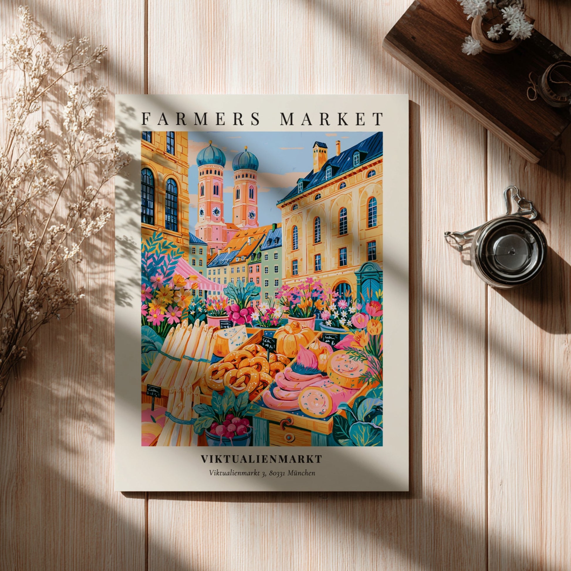 Viktualienmarkt poster featuring vibrant colors and market scenes, perfect for home decor.
