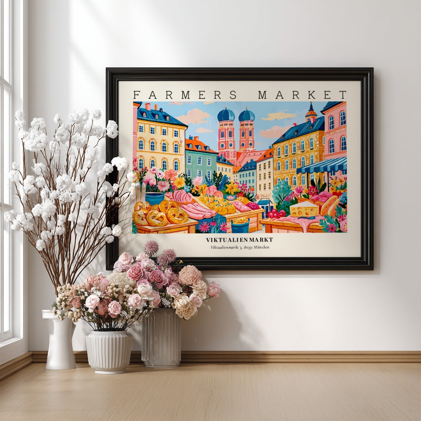 Farmers market poster showcasing vibrant stalls at Viktualienmarkt in Munich with colorful produce and flowers