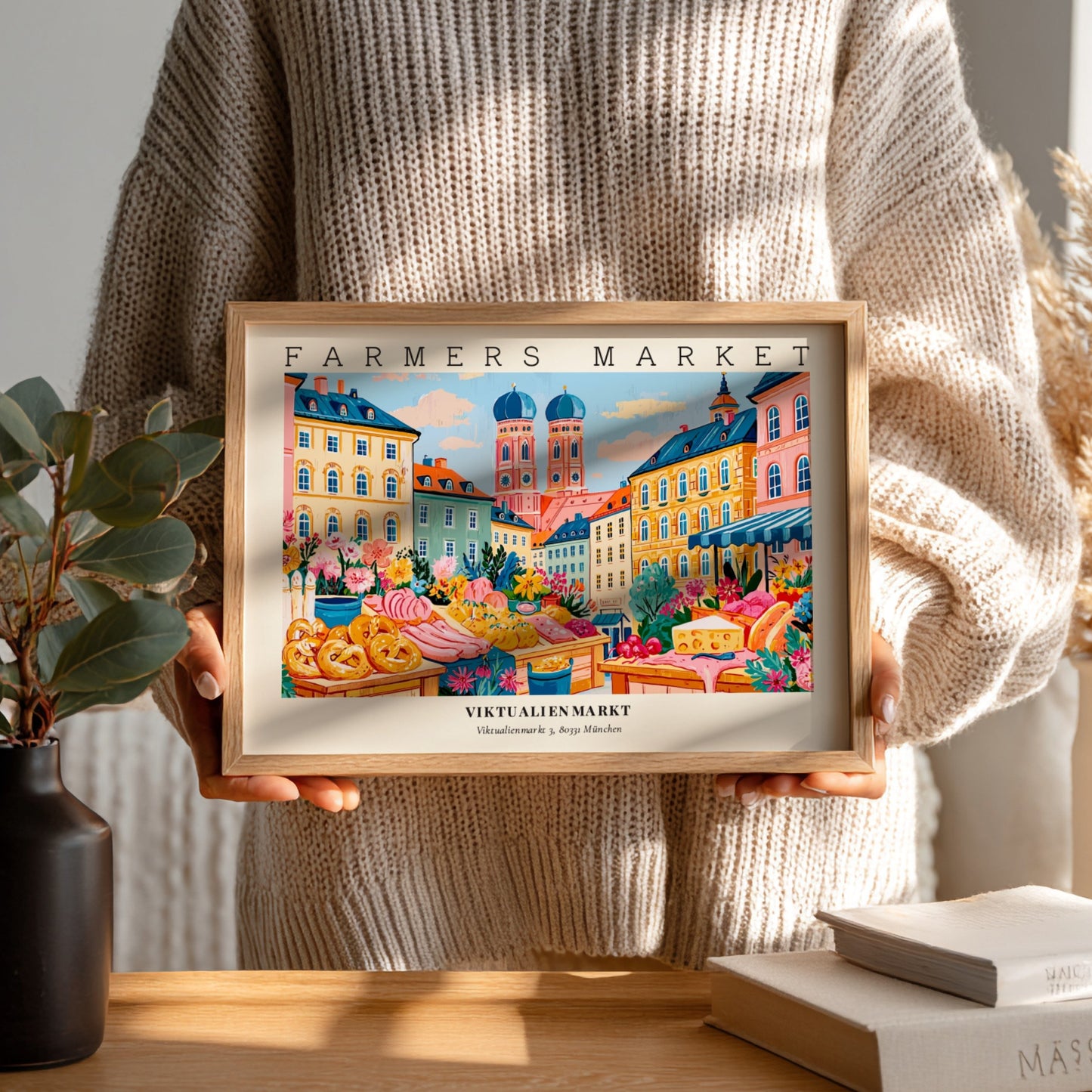 Farmers market poster showcasing vibrant stalls at Viktualienmarkt in Munich with colorful produce and flowers