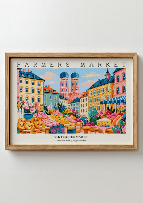 Farmers market poster showcasing vibrant stalls at Viktualienmarkt in Munich with colorful produce and flowers