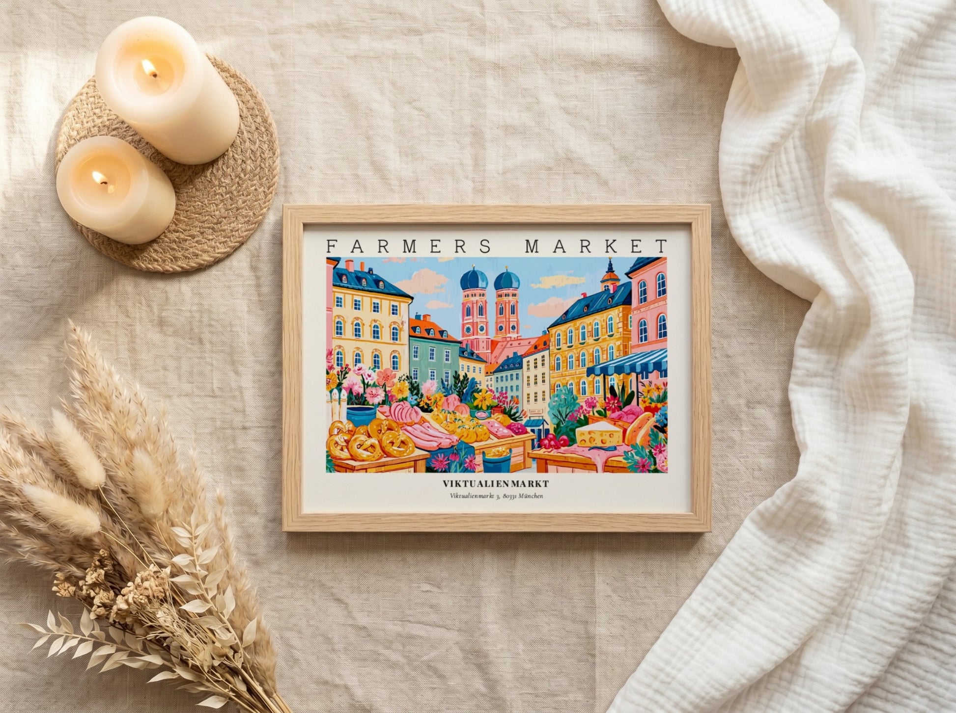 Farmers market poster showcasing vibrant stalls at Viktualienmarkt in Munich with colorful produce and flowers