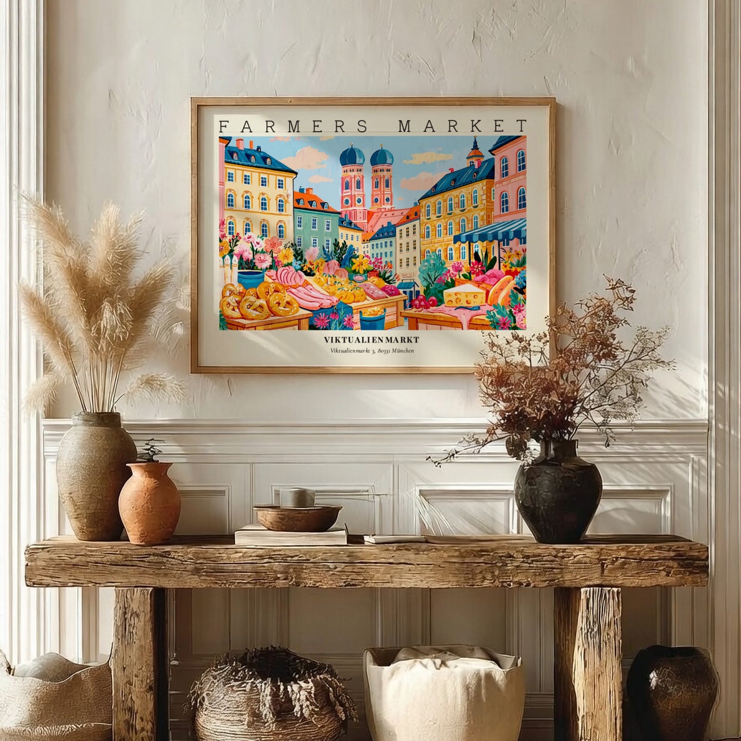 Farmers market poster showcasing vibrant stalls at Viktualienmarkt in Munich with colorful produce and flowers