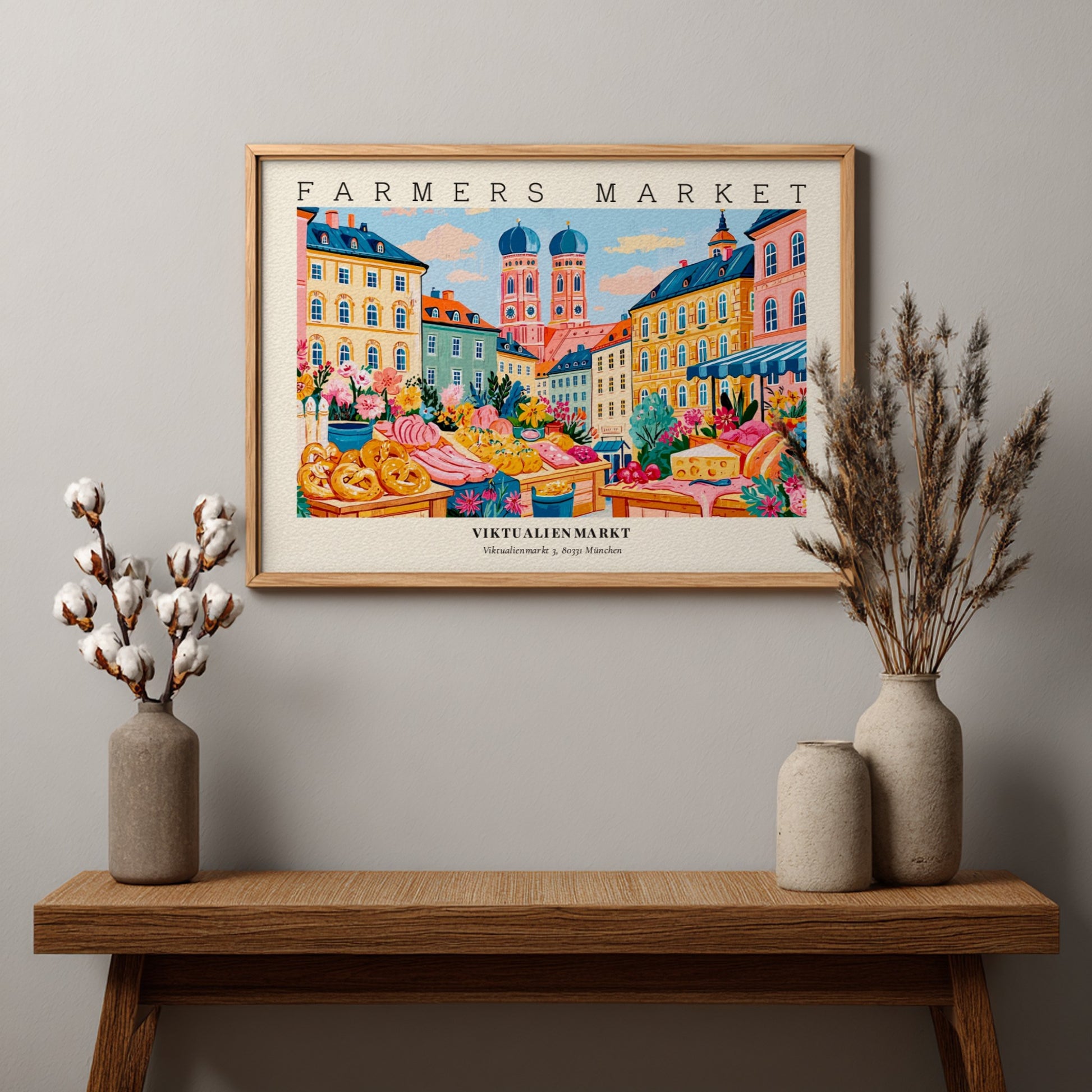 Farmers market poster showcasing vibrant stalls at Viktualienmarkt in Munich with colorful produce and flowers