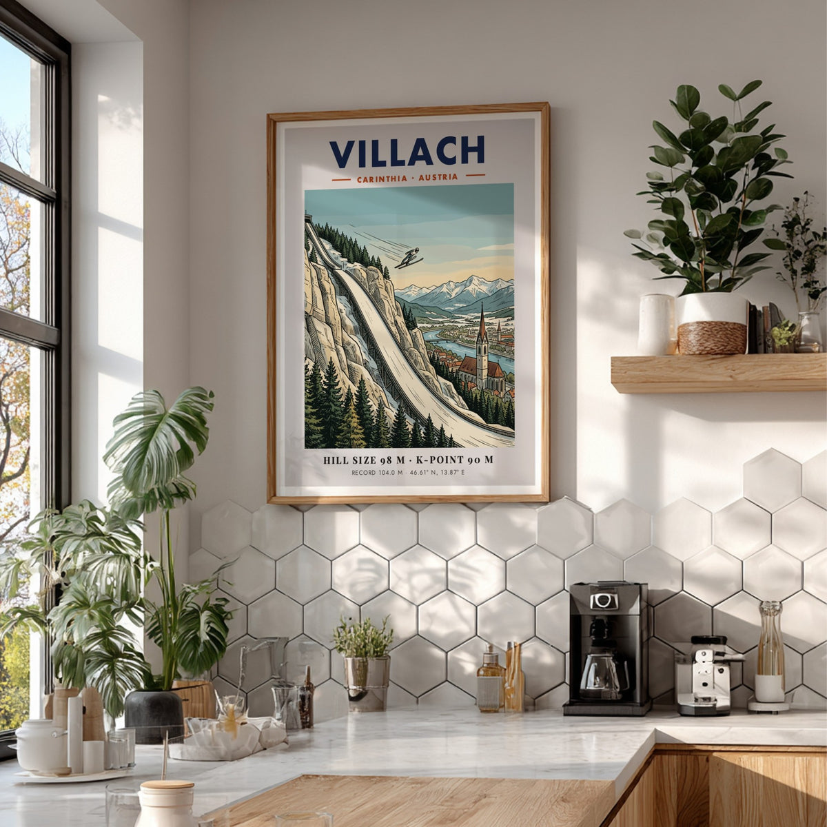 Poster of a ski jumper on a steep hill above Villach Austria village