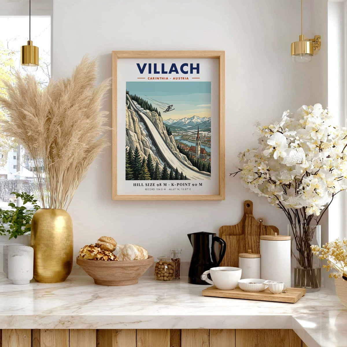 Poster of a ski jumper on a steep hill above Villach Austria village
