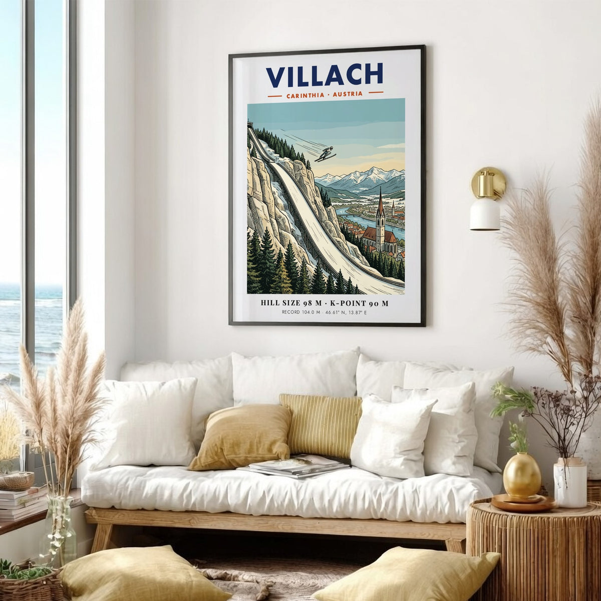 Poster of a ski jumper on a steep hill above Villach Austria village