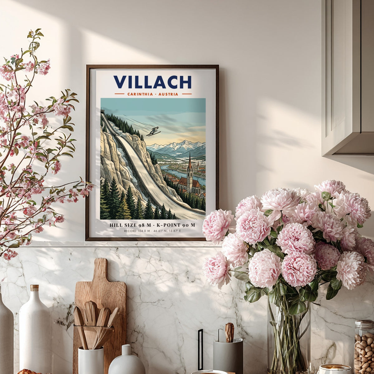 Poster of a ski jumper on a steep hill above Villach Austria village