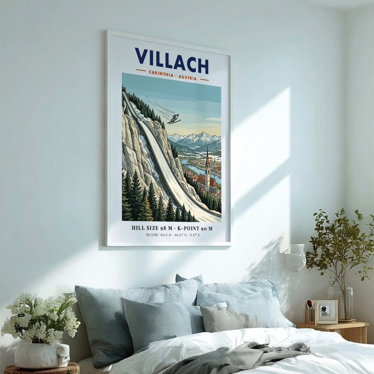 Poster of a ski jumper on a steep hill above Villach Austria village