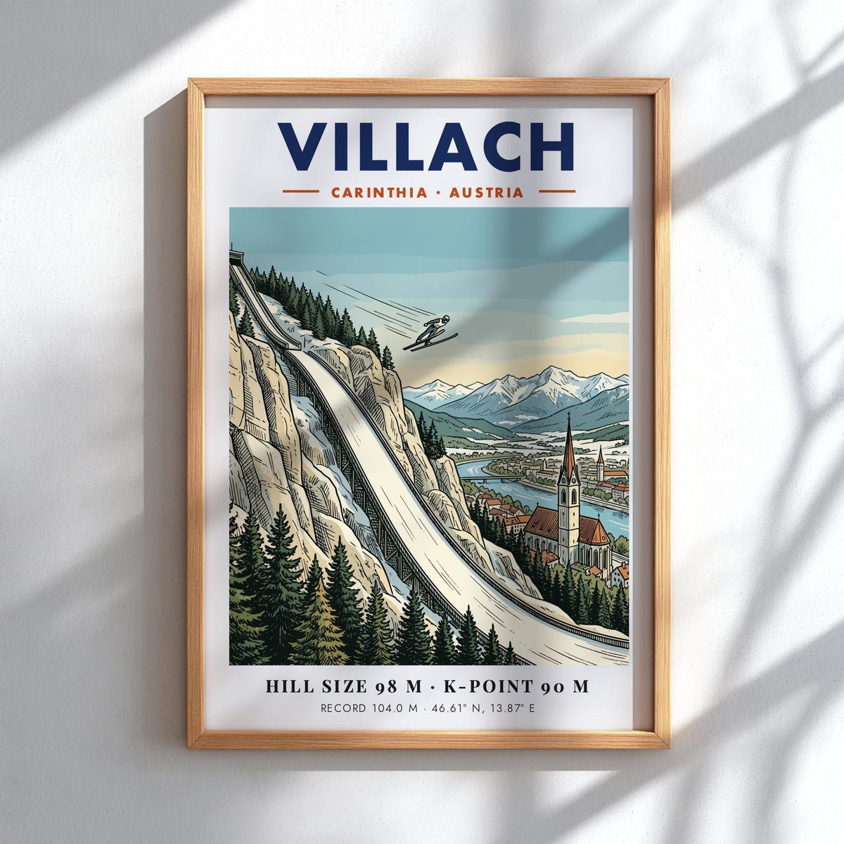 Poster of a ski jumper on a steep hill above Villach Austria village