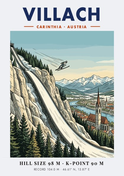 Poster of a ski jumper on a steep hill above Villach Austria village