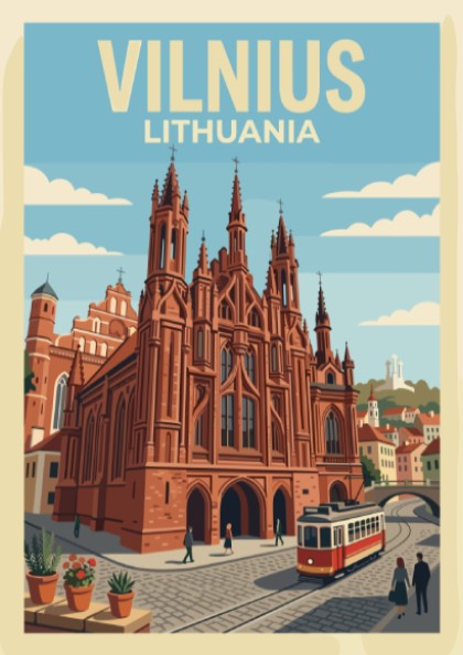 Vintage style Vilnius Lithuania travel poster featuring red gothic church and street tram