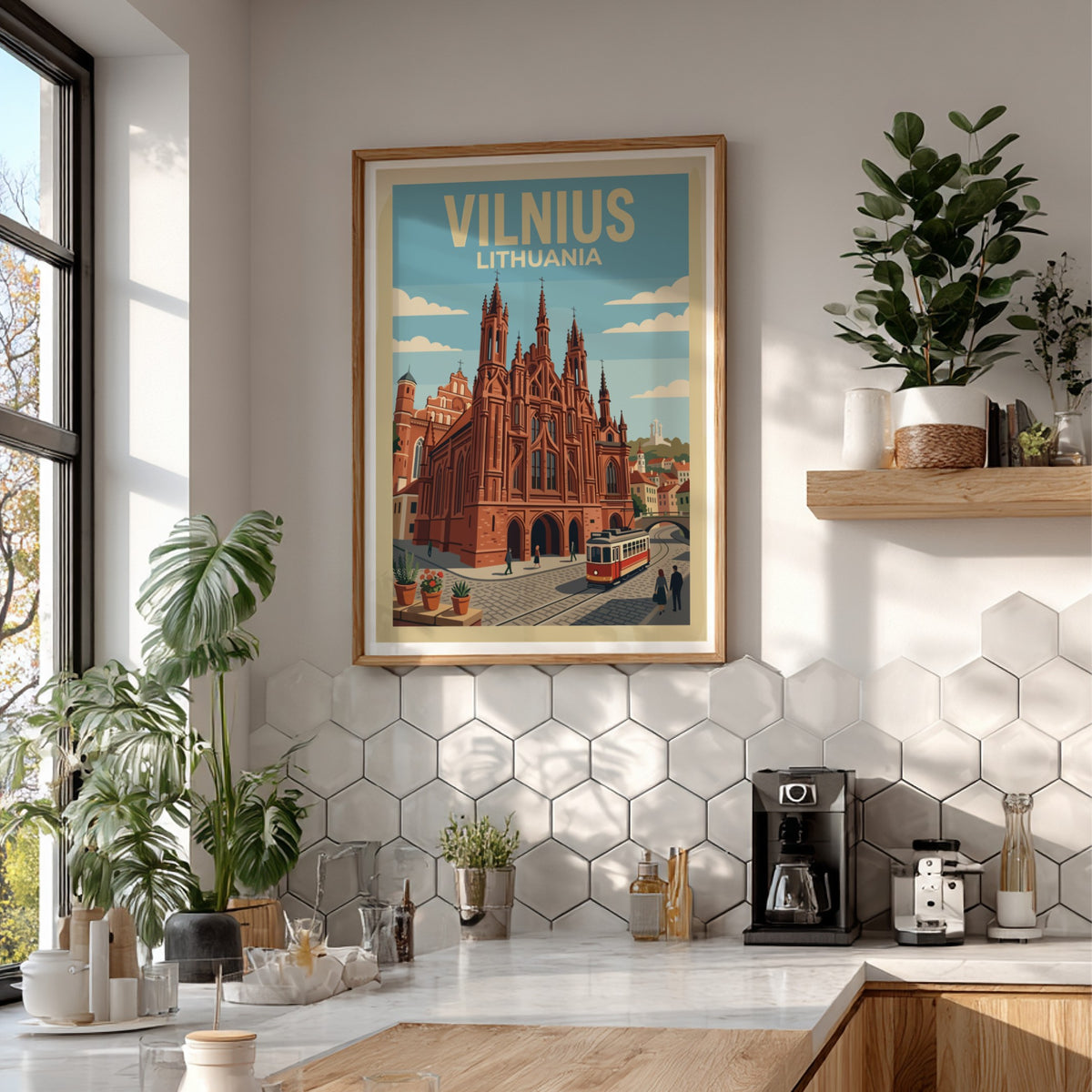 Vintage style Vilnius Lithuania travel poster featuring red gothic church and street tram