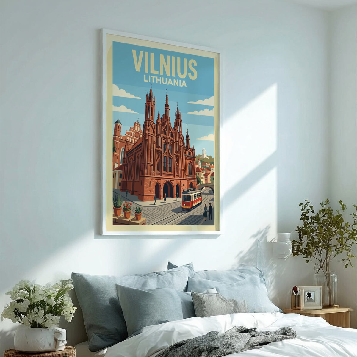 Vintage style Vilnius Lithuania travel poster featuring red gothic church and street tram